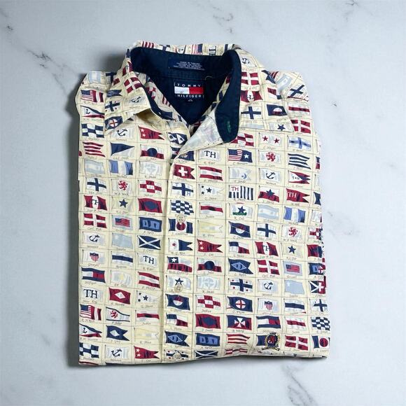 Tommy Hilfiger Men’s Vintage Nautical Flag Button Shirt Size M Sailing Prep - Picture 1 of 10